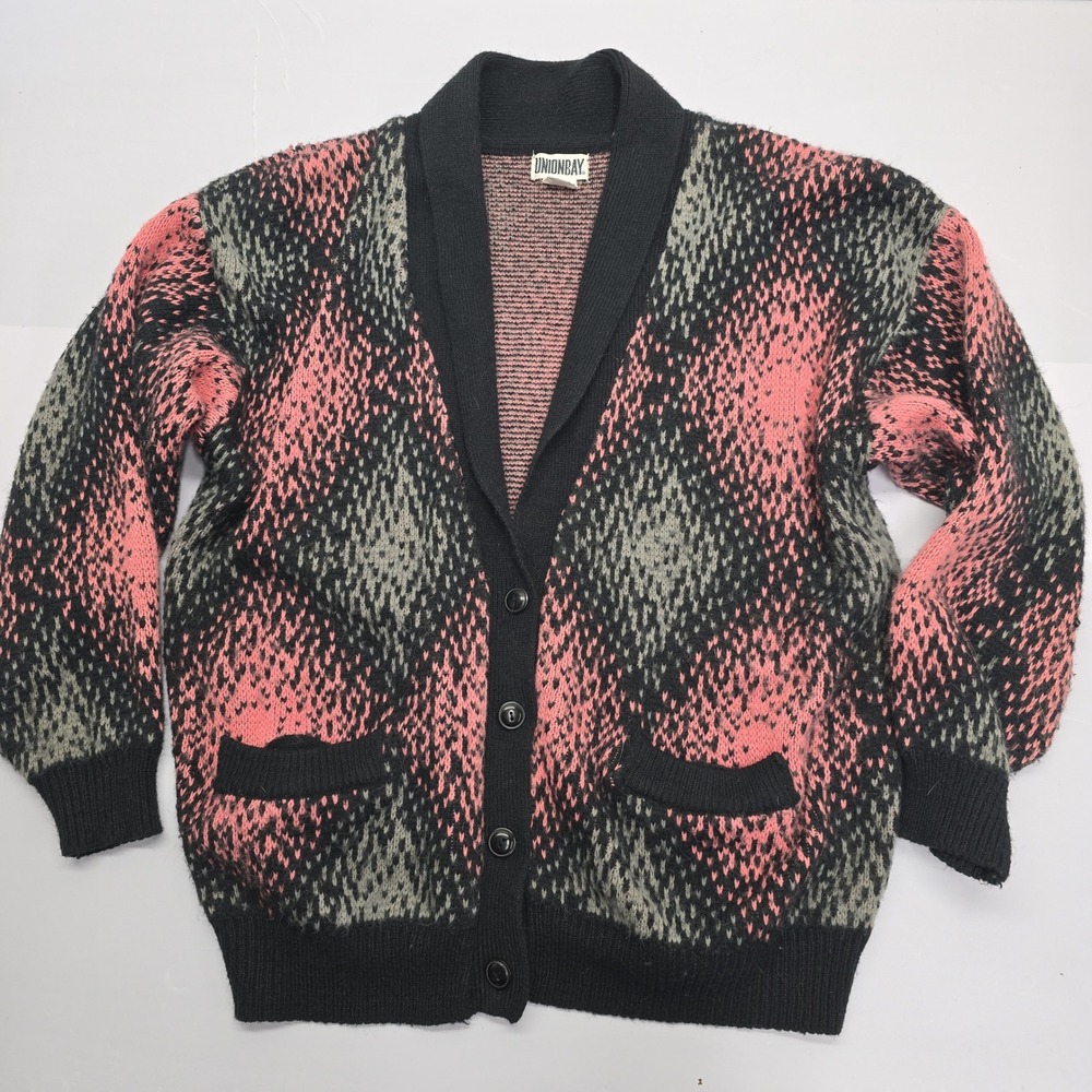 Vintage Unionbay Mens Large Argyle Cardigan Sweater Pink Black Gray Shawl Collar